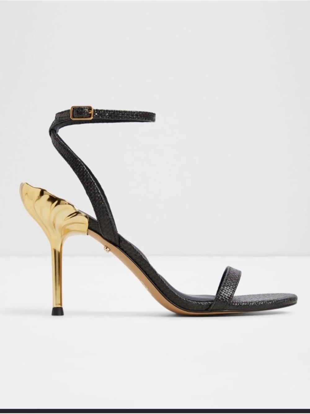 Aldo Black Strappy Stiletto Sandals with Gold Sculpted Heel
